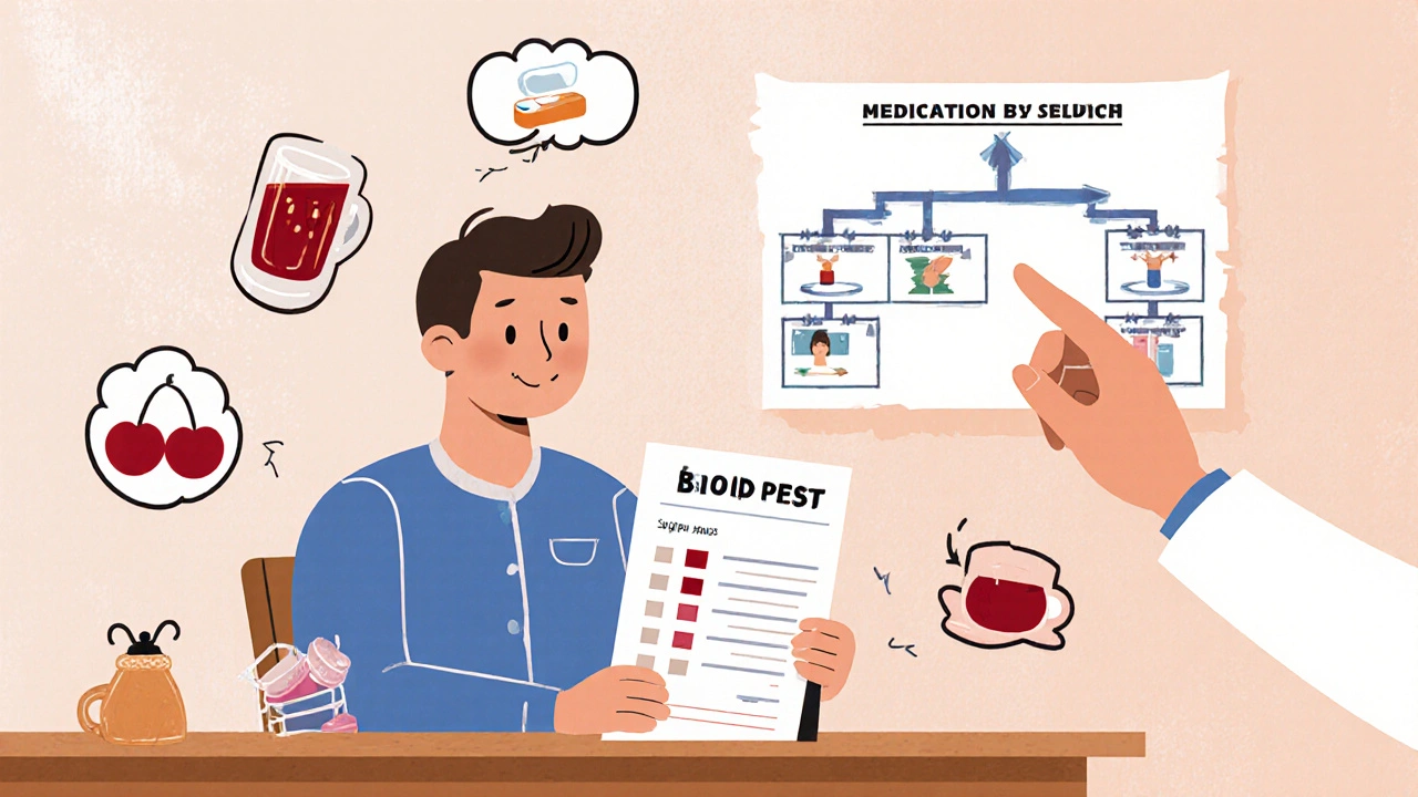 A patient reviewing blood test results with lifestyle icons fading away, guided by a medical decision chart.