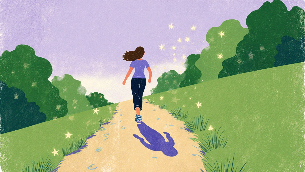 A woman hiking with glowing estriol particles, symbolizing restored energy and vitality.