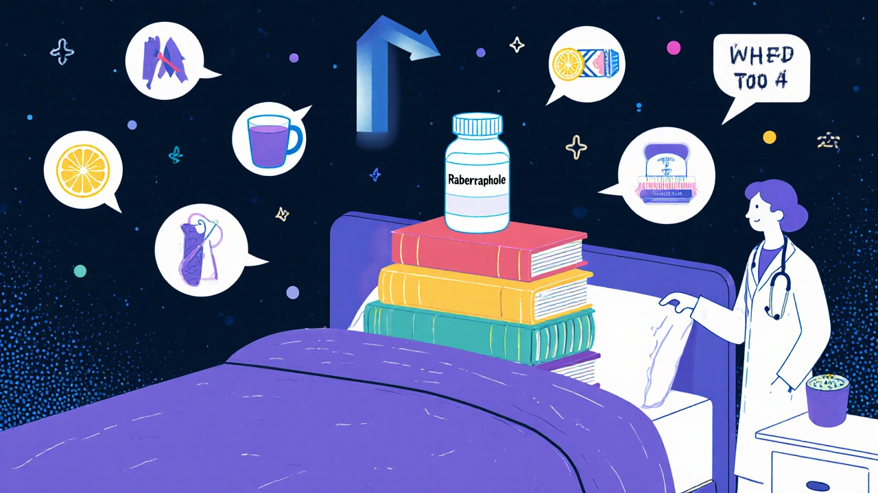 Bedroom scene showing elevated bed, pill bottle, and lifestyle tips for GERD.