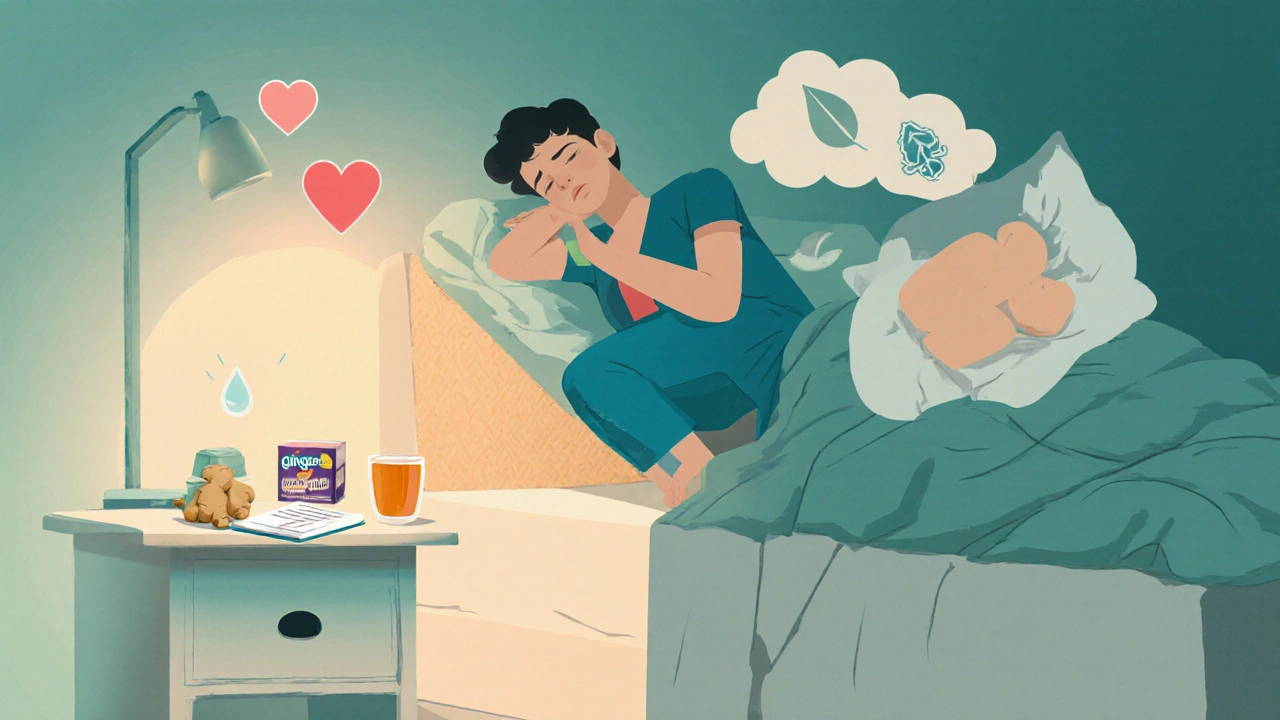 Bedroom with elevated bed, tea, antacids, and symptom diary for relief.
