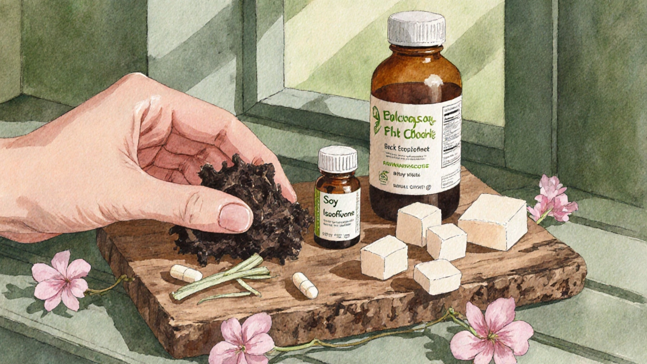 Black cohosh root and soy isoflavone capsules beside tofu and soy flowers.