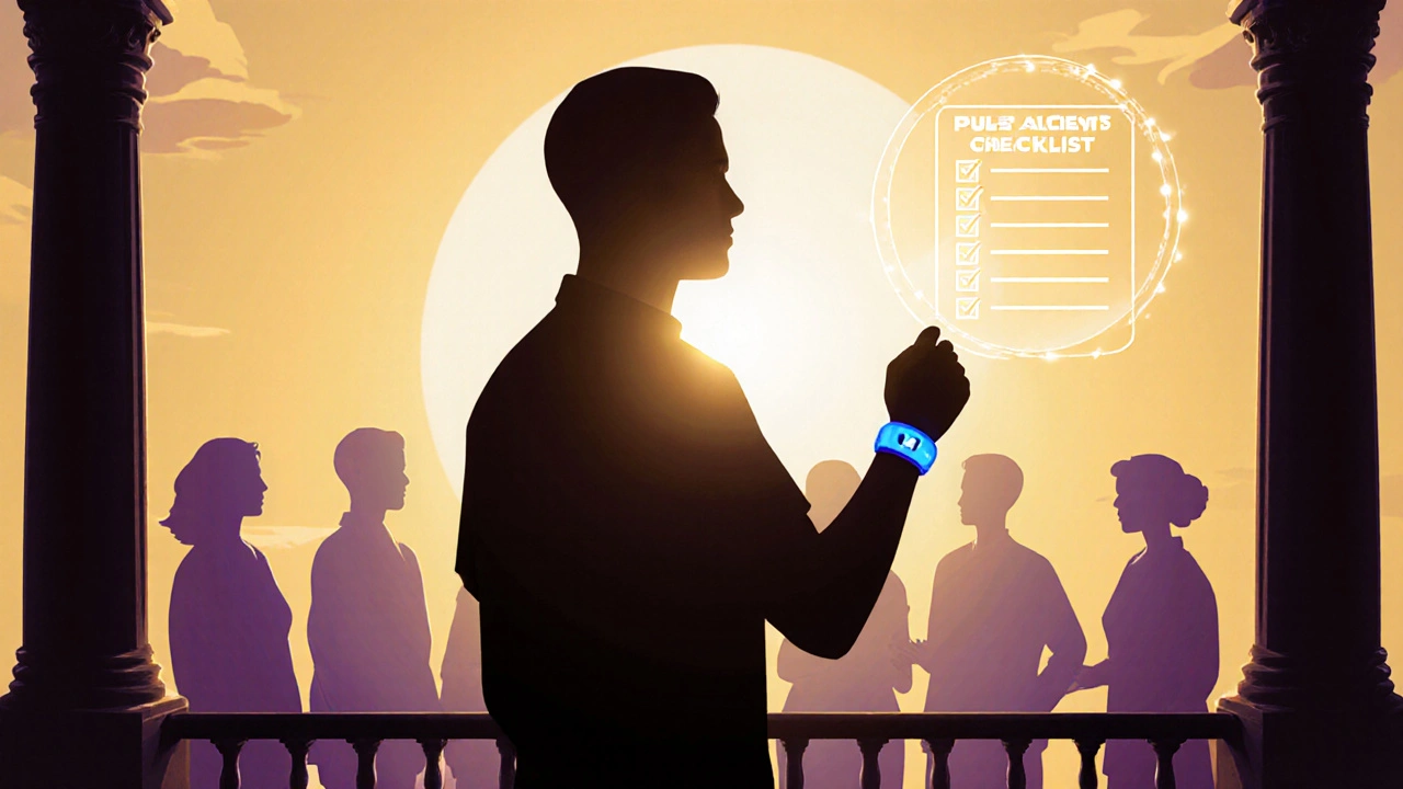 Cinematic scene of a patient holding a pulse oximeter at sunrise.