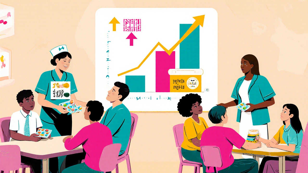 Clinical trial participants receiving single‑tablet or multi‑pill regimens with abstract success graphics.