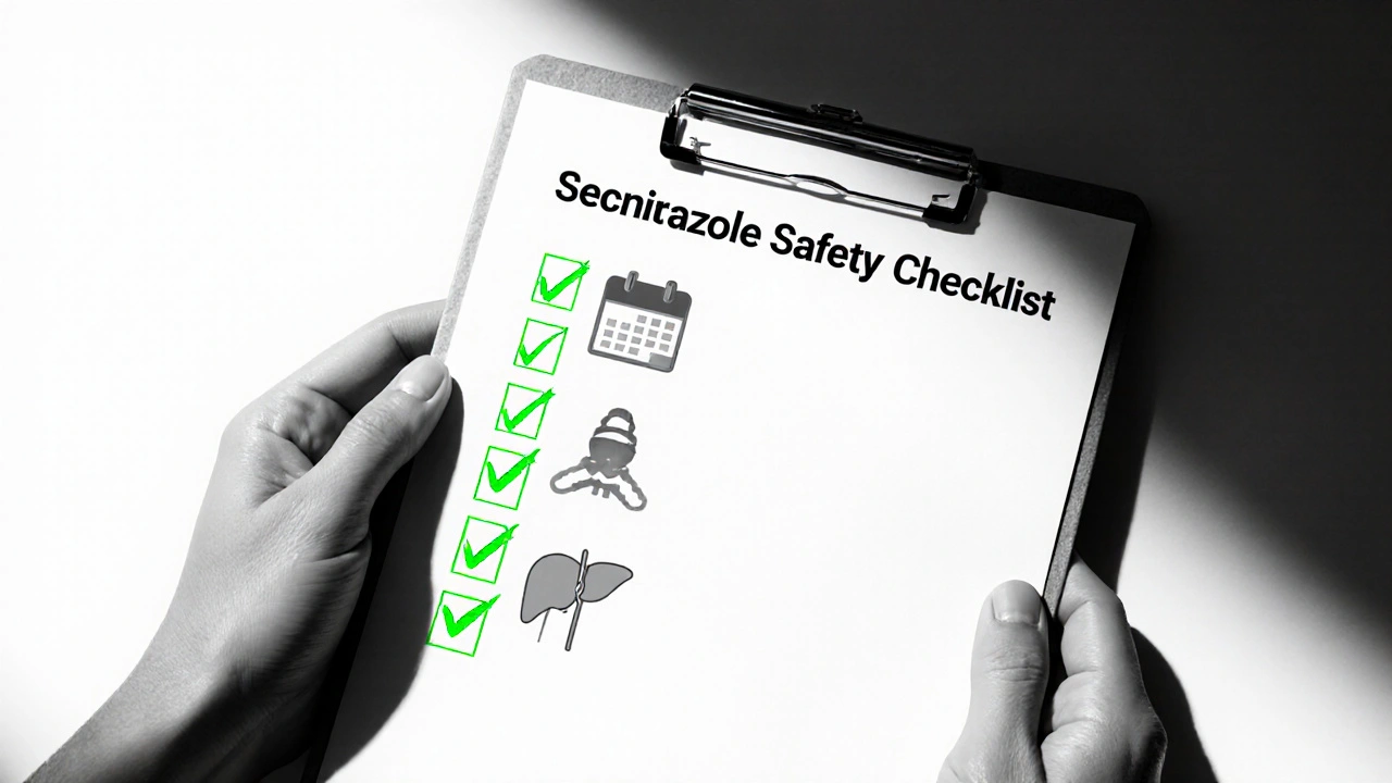 Close‑up of a checklist on a clipboard showing pill, calendar, condom, and liver icons with green checkmarks.