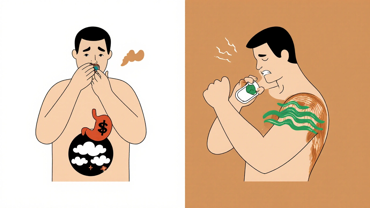 Contrast between oral NSAID side effects and topical gel relief on shoulder