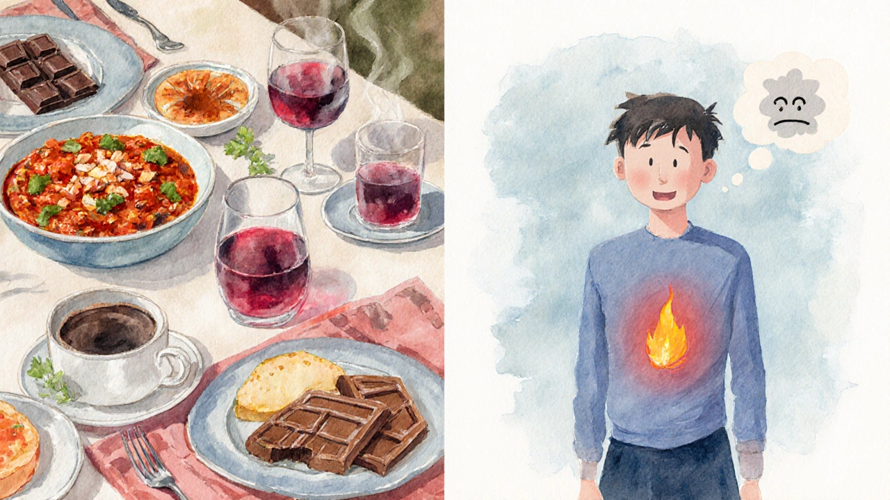 Dinner table with spicy foods and a person showing heartburn symptoms.