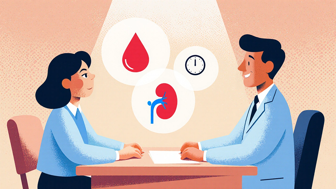Doctor and patient discussing medication plan with lab test icons.