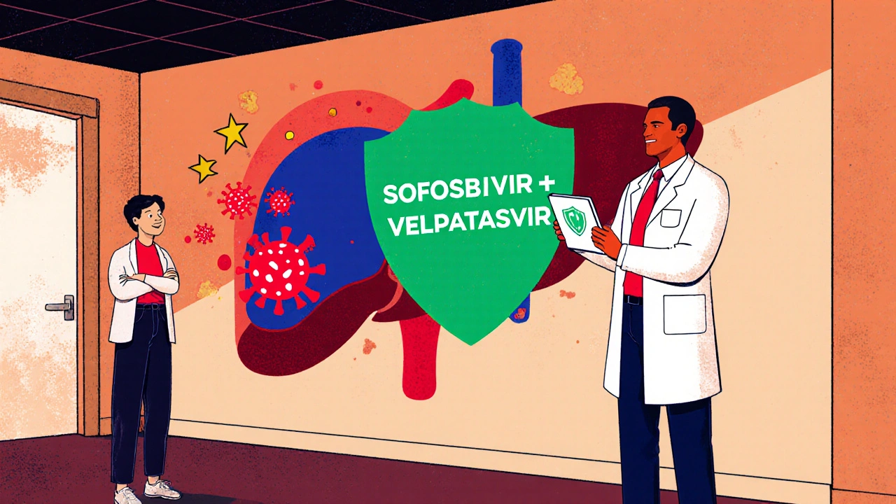 Doctor and patient in a clinic hallway, a shield protecting a liver from virus clouds.