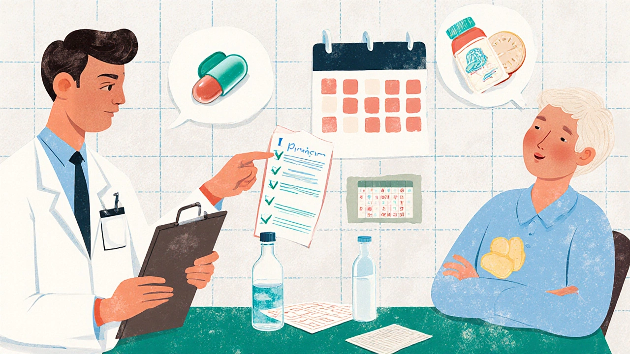 Doctor and patient reviewing a checklist with medication and hydration icons.