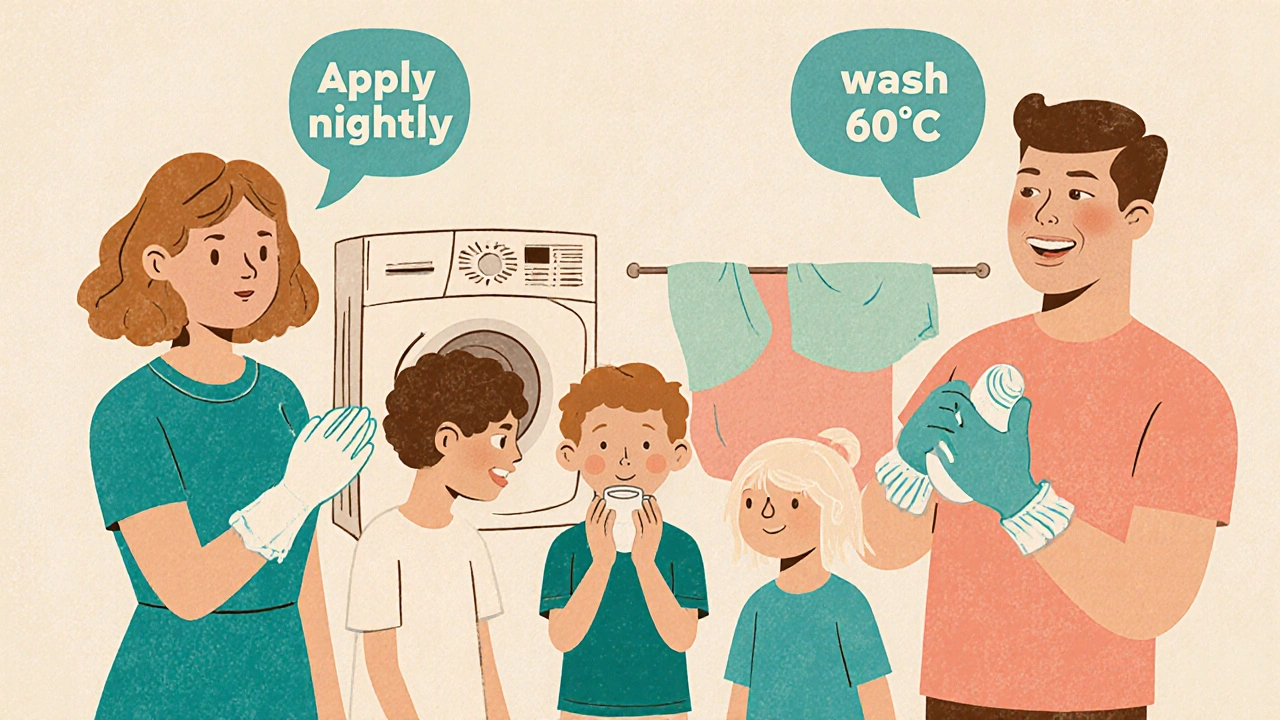 Family applying scabies creams while laundry is being washed and dried.