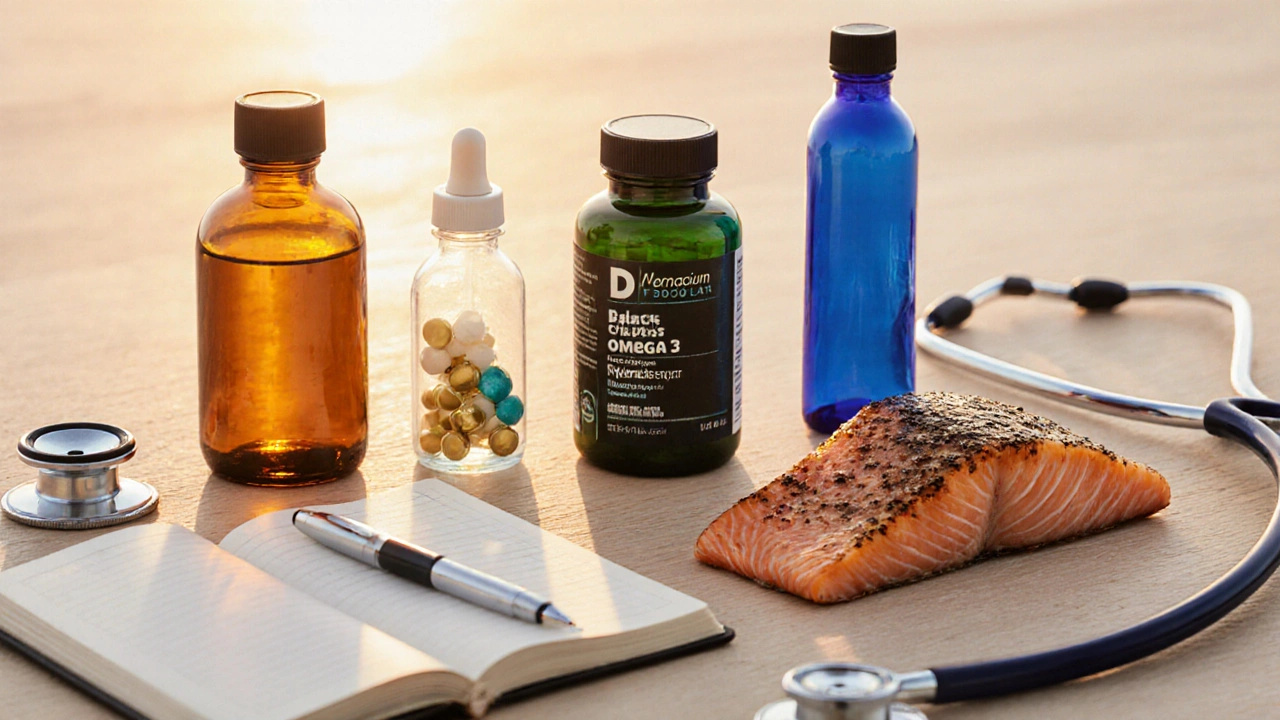Flat‑lay of supplement bottles, fish, journal and sunrise representing a daily routine.