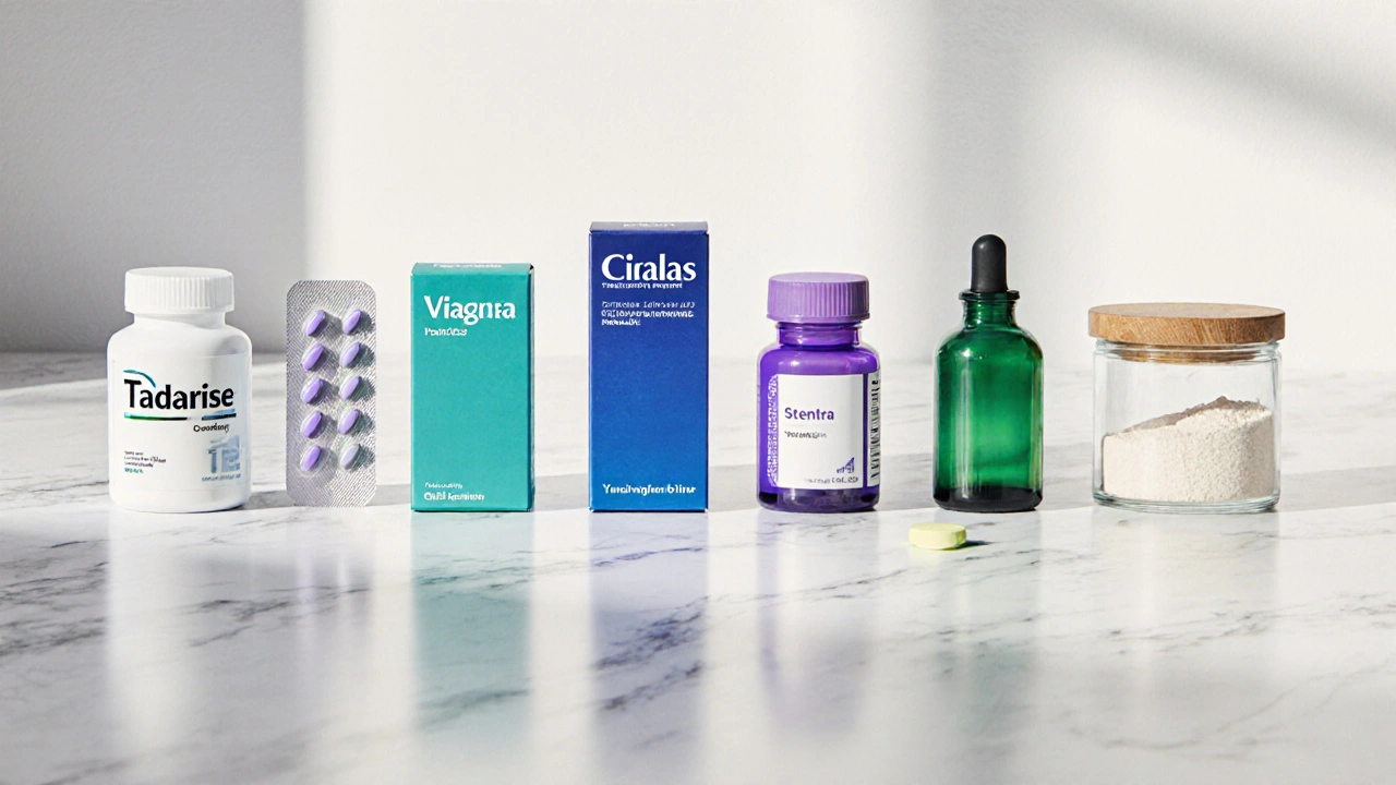 Flat‑lay of various ED medication bottles and packs arranged on a marble surface, showing different options.