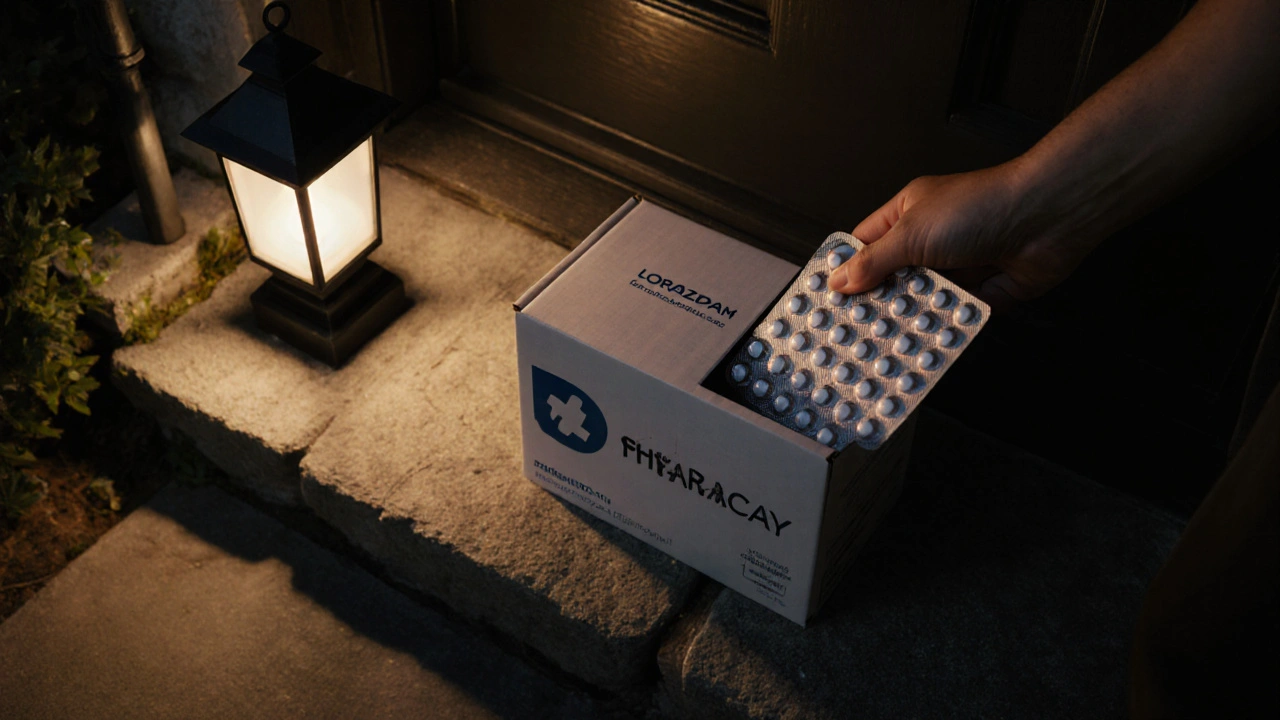 Hand opening a delivery box to reveal a blister pack of lorazepam tablets.
