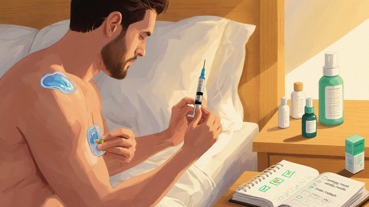 Home setting showing gel, patch, injection, pellet, and nasal spray for testosterone therapy.