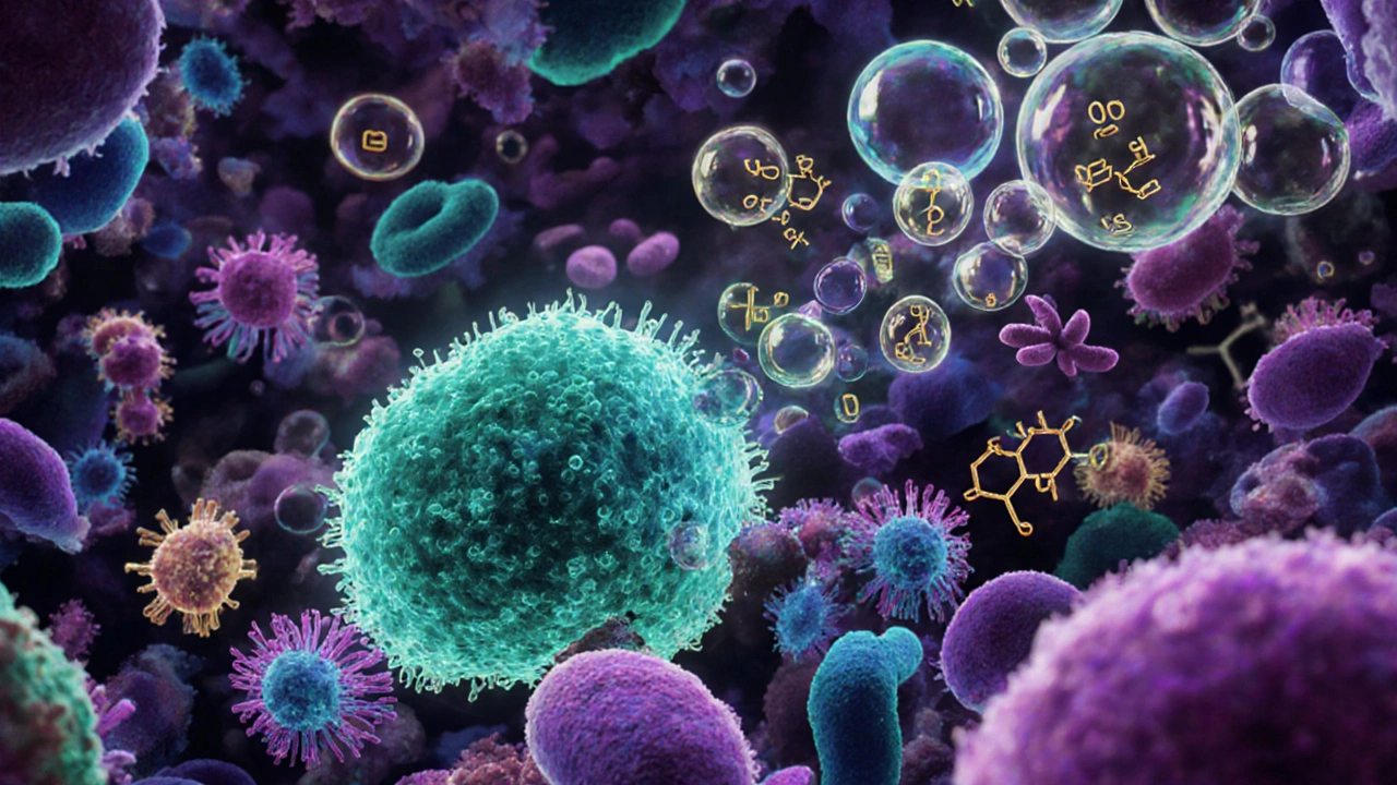 Illustrated gut microbiome with methane‑producing bacteria and fiber particles.