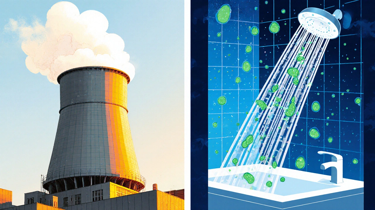 Illustration of a cooling tower and showerhead emitting mist that contains Legionella bacteria.