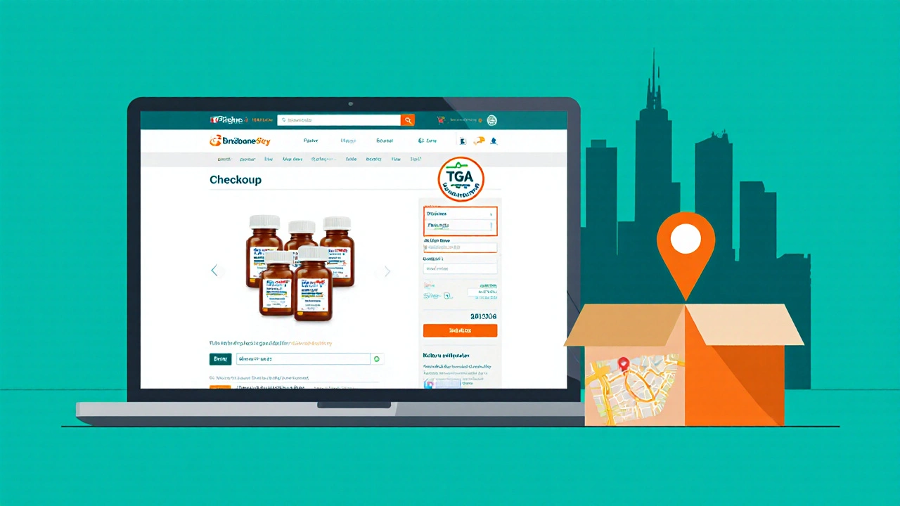Laptop checkout screen with online pharmacy icons and delivery box.