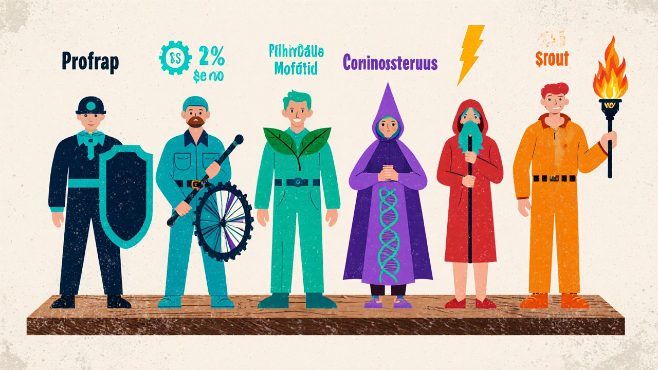Lineup of six cartoon characters representing different immunosuppressants.