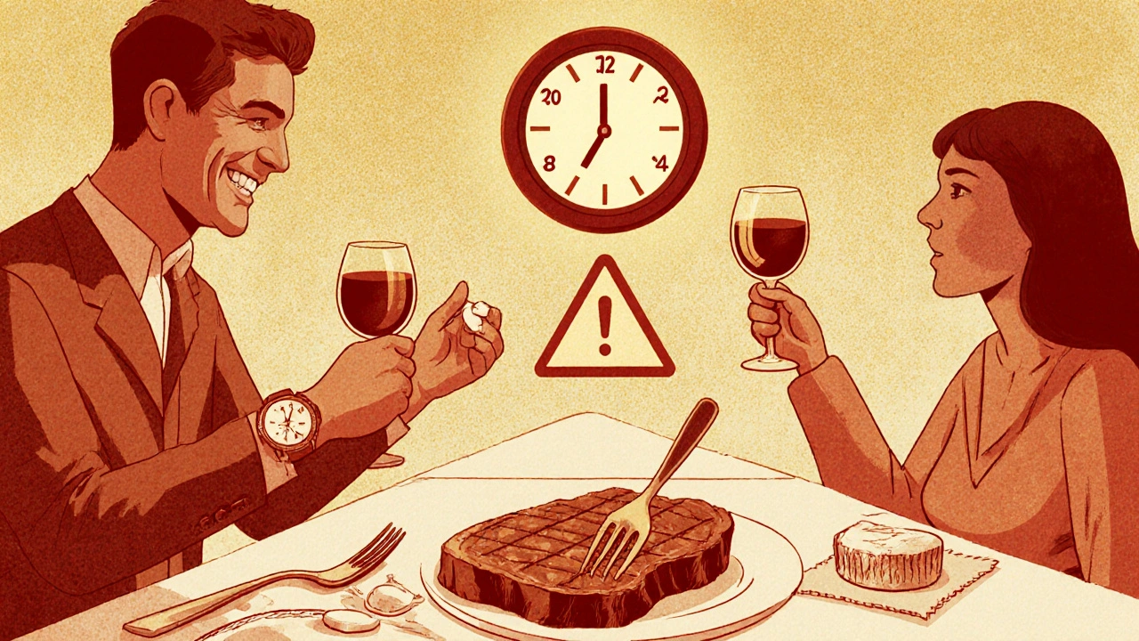 Man at dinner taking Levitra pill, clock showing 25-minute onset, fatty food casting a warning shadow.