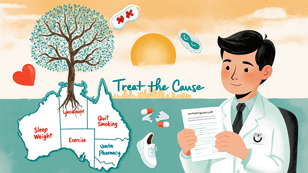 Man in doctor’s office with health icons and tree growing from healthy lifestyle pills, risograph aesthetic.