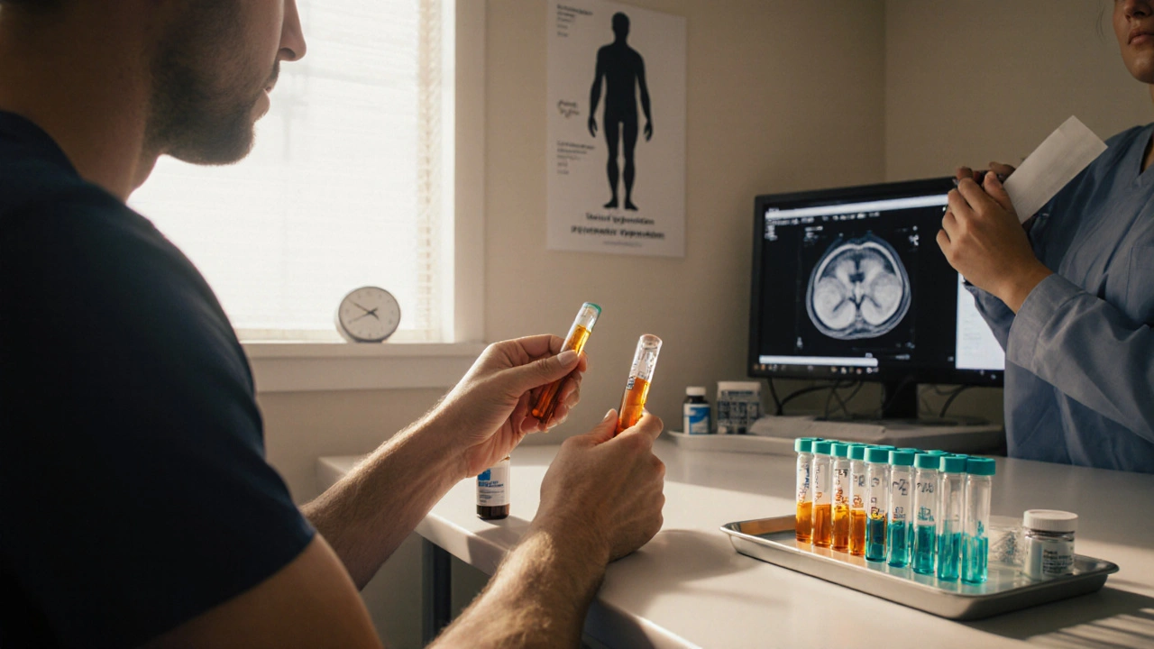 Morning clinic scene with a man having blood drawn and lab tubes for hormone tests.