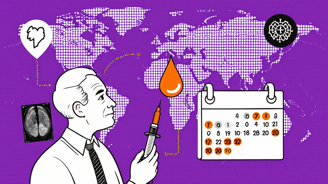Older patient getting a quarterly injection, calendar marks, and a world map indicating global trials.