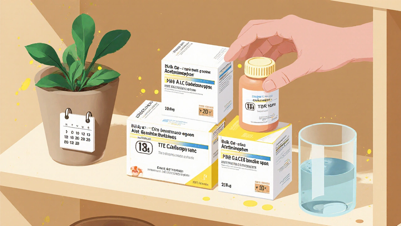 Pantry shelf with bulk generic medication bottles and a calendar.