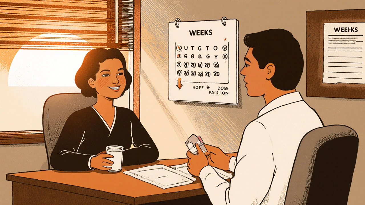 Patient and doctor in a bright office, calendar weeks and tapering arrow indicating gradual dose reduction.
