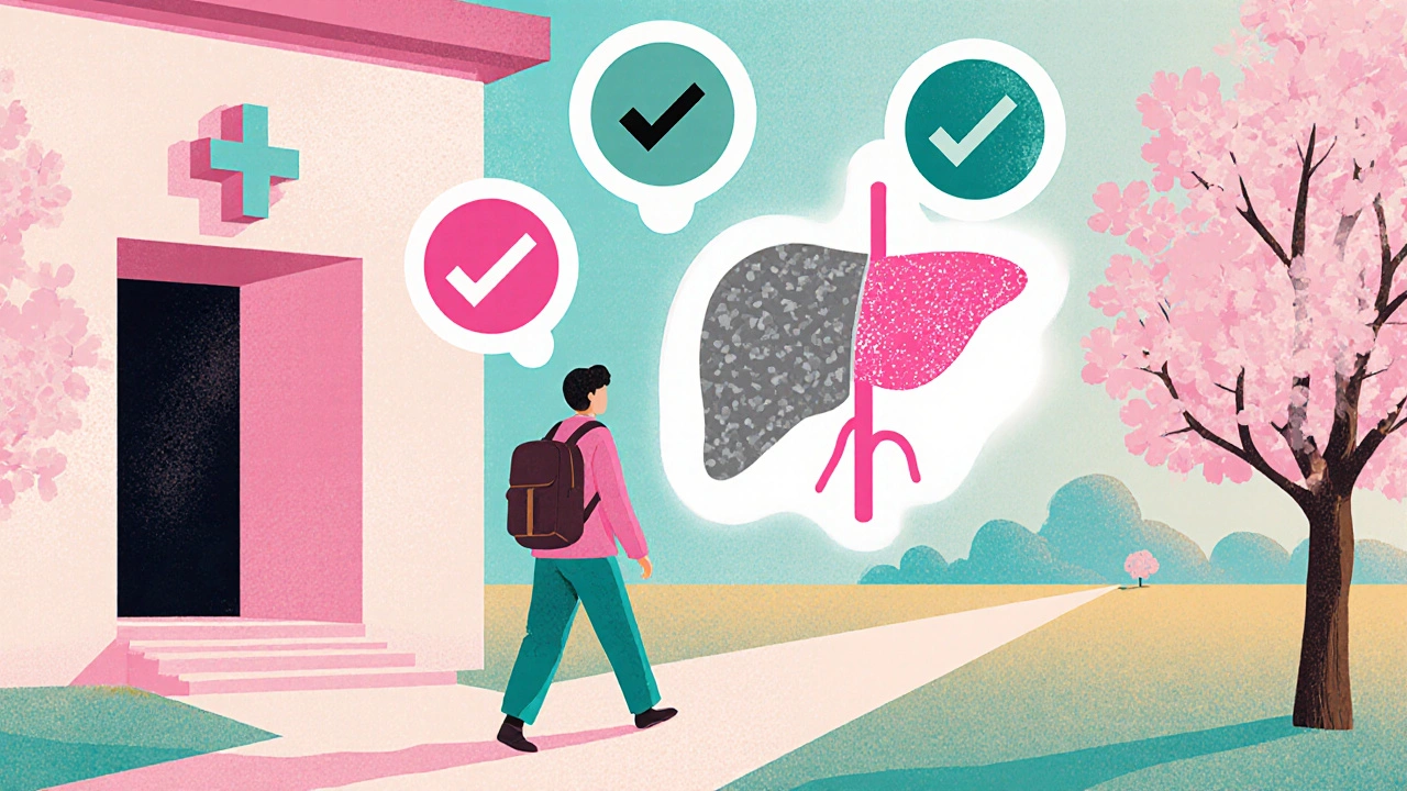 Patient walking out of a clinic, liver regenerating with check‑mark icons floating nearby.
