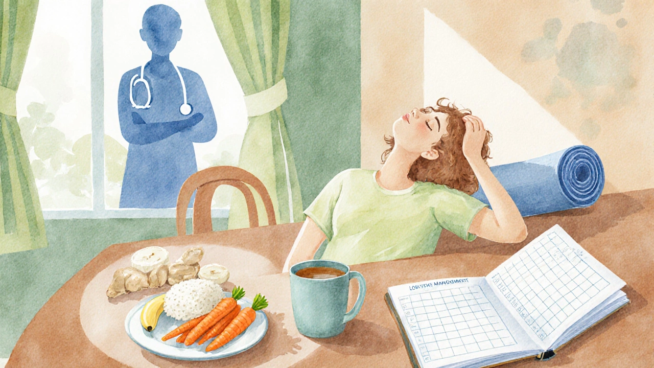 Person choosing low‑FODMAP foods, a doctor and yoga mat symbolizing IBD management.