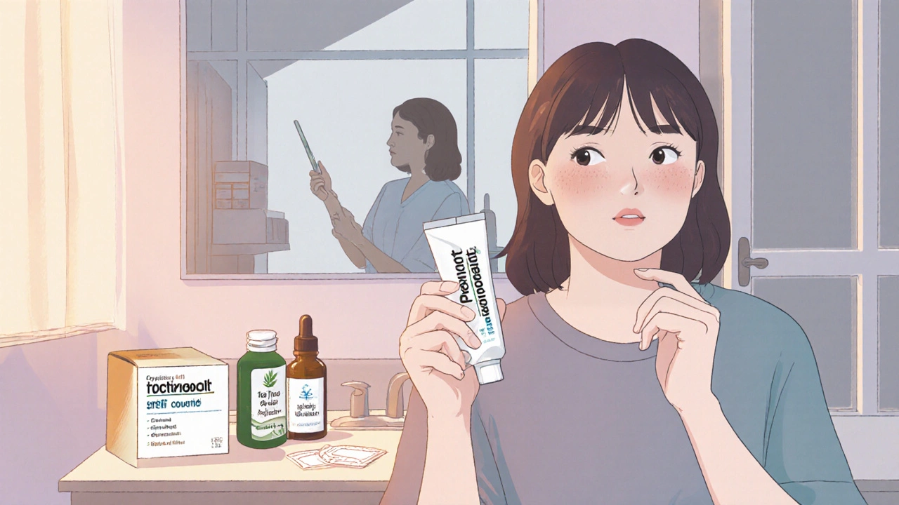 Person in bathroom weighing Podowart gel versus a clinic offering cryotherapy, showing home and professional options.