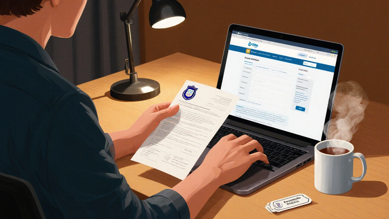Person reviewing a prescription while using a laptop in a home office.