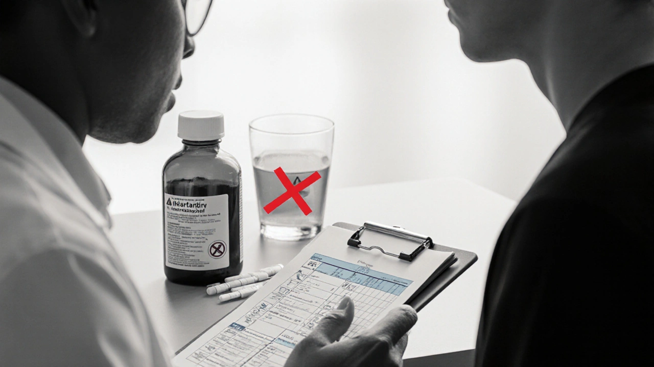 Pharmacist counseling patient with warfarin, INR strip, and crossed‑out alcohol glass in muted colors.