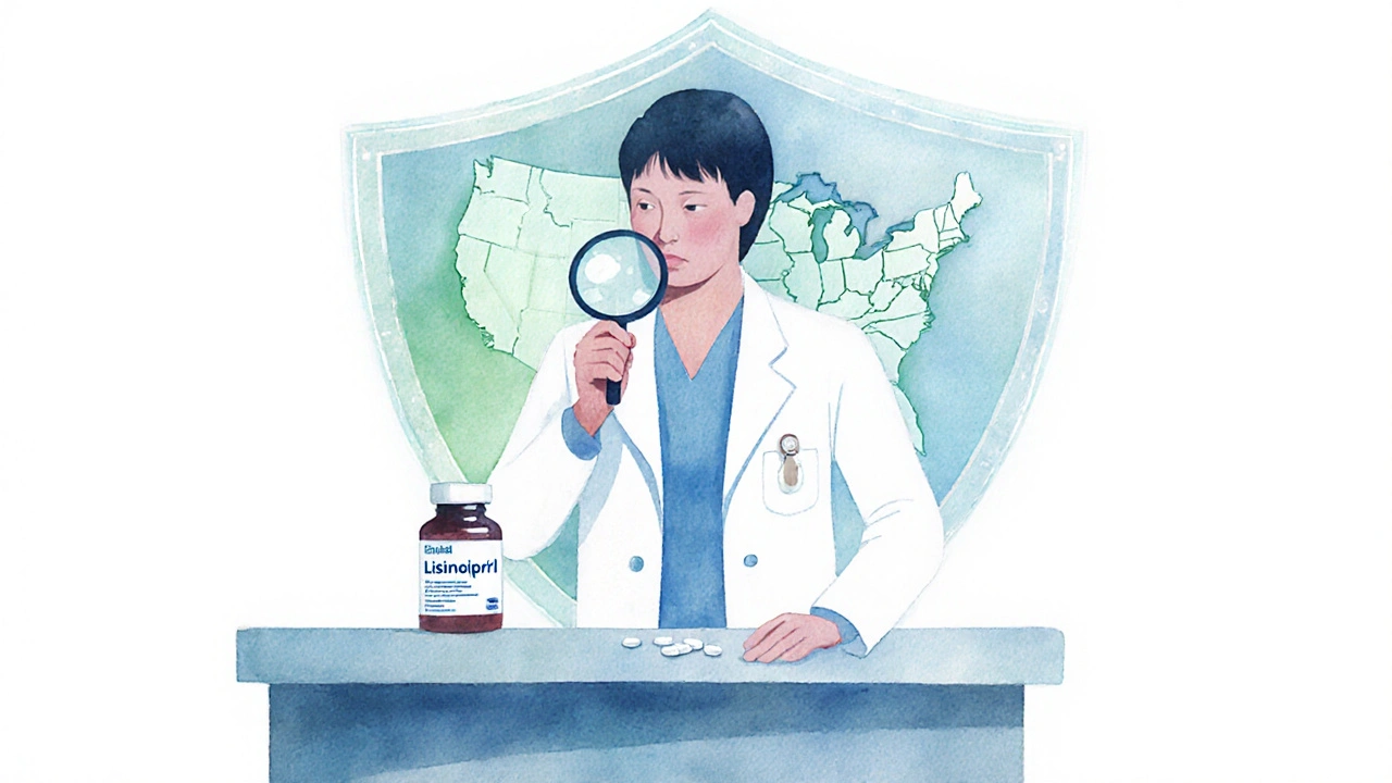 Pharmacist examining a lisinopril bottle with magnifying glass and shield symbols.
