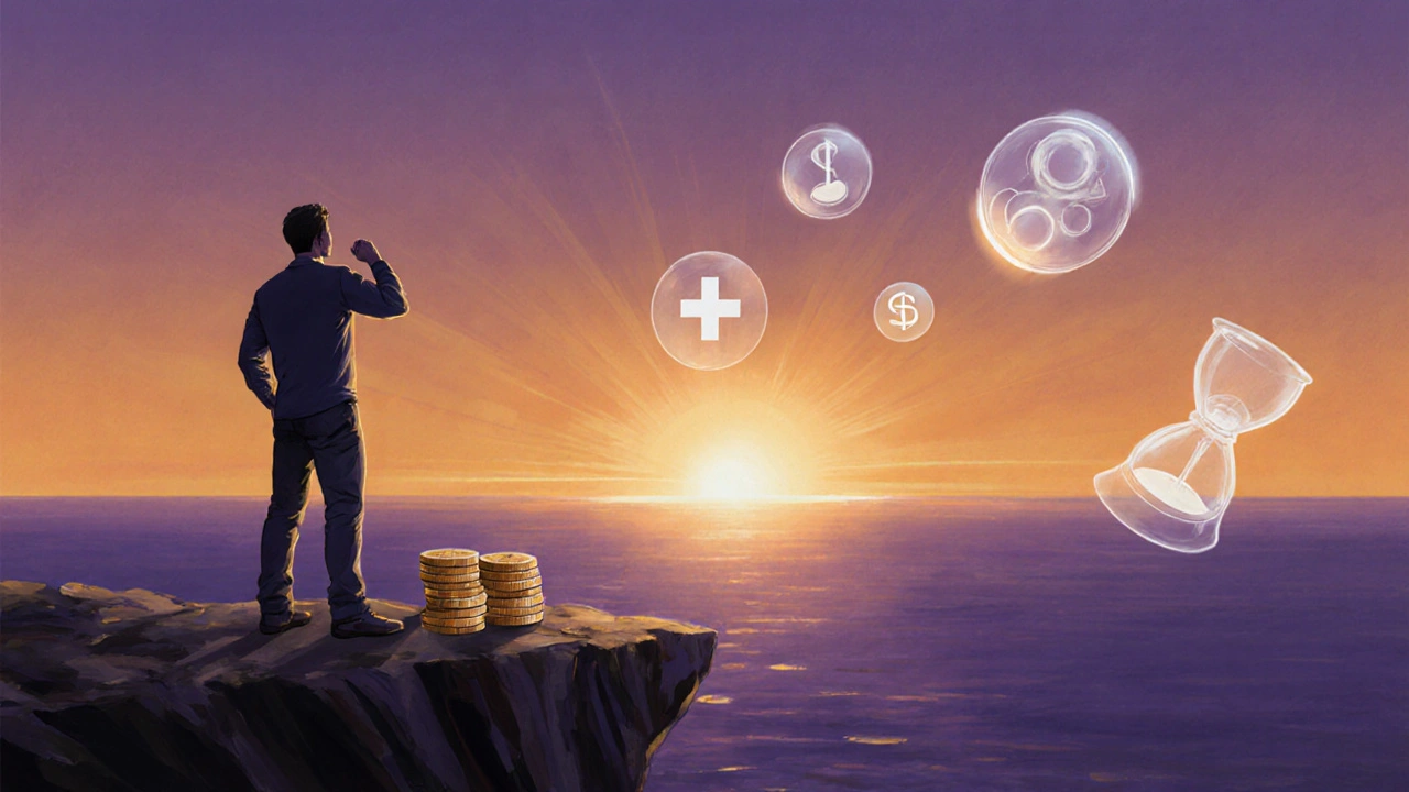 Silhouette of a man on a cliff at sunrise, with icons for cost, safety, and duration floating nearby.