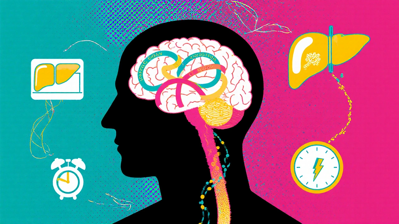 Silhouette showing brain with neurotransmitter ribbons, liver gear representing CYP2D6, and flowing blood.