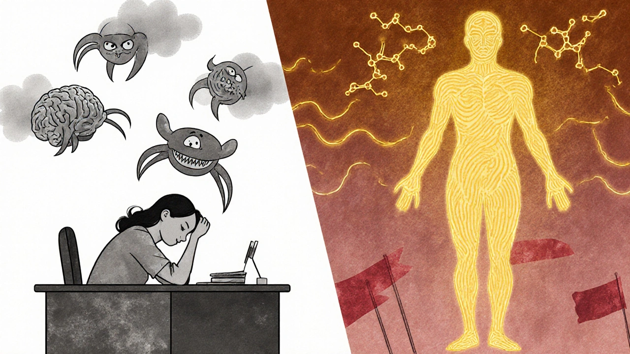 Split illustration showing cortisol stress vs. estriol restoring cellular energy.