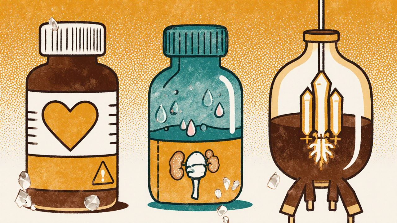 Three alternative gout medications illustrated as characters with symbolic icons in vintage print style.