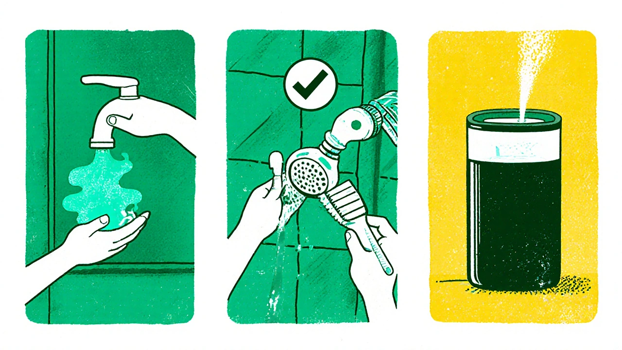 Three‑panel cartoon showing a homeowner flushing taps, cleaning showerheads, and maintaining a humidifier.