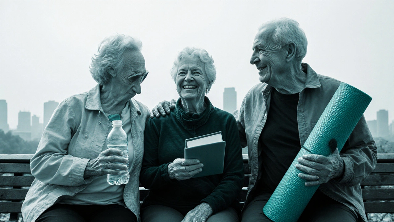 Three people on a park bench holding water, yoga mat, and journal, smiling.