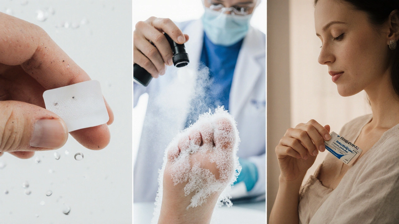 Three side‑by‑side shots: salicylic acid patch on fingertip, liquid nitrogen freeze on foot wart, imiquimod cream on thigh.