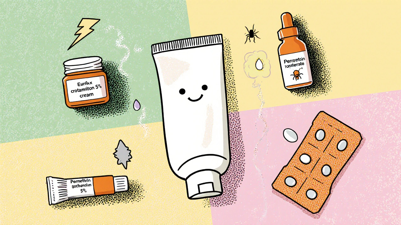Top view of Eurax cream tube surrounded by other scabies treatments with icons.