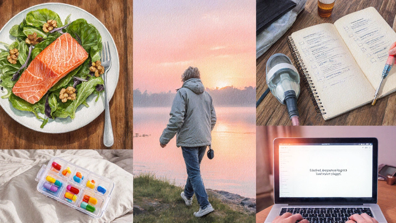 Watercolor of a patient walking, eating healthy food, and using oxygen.