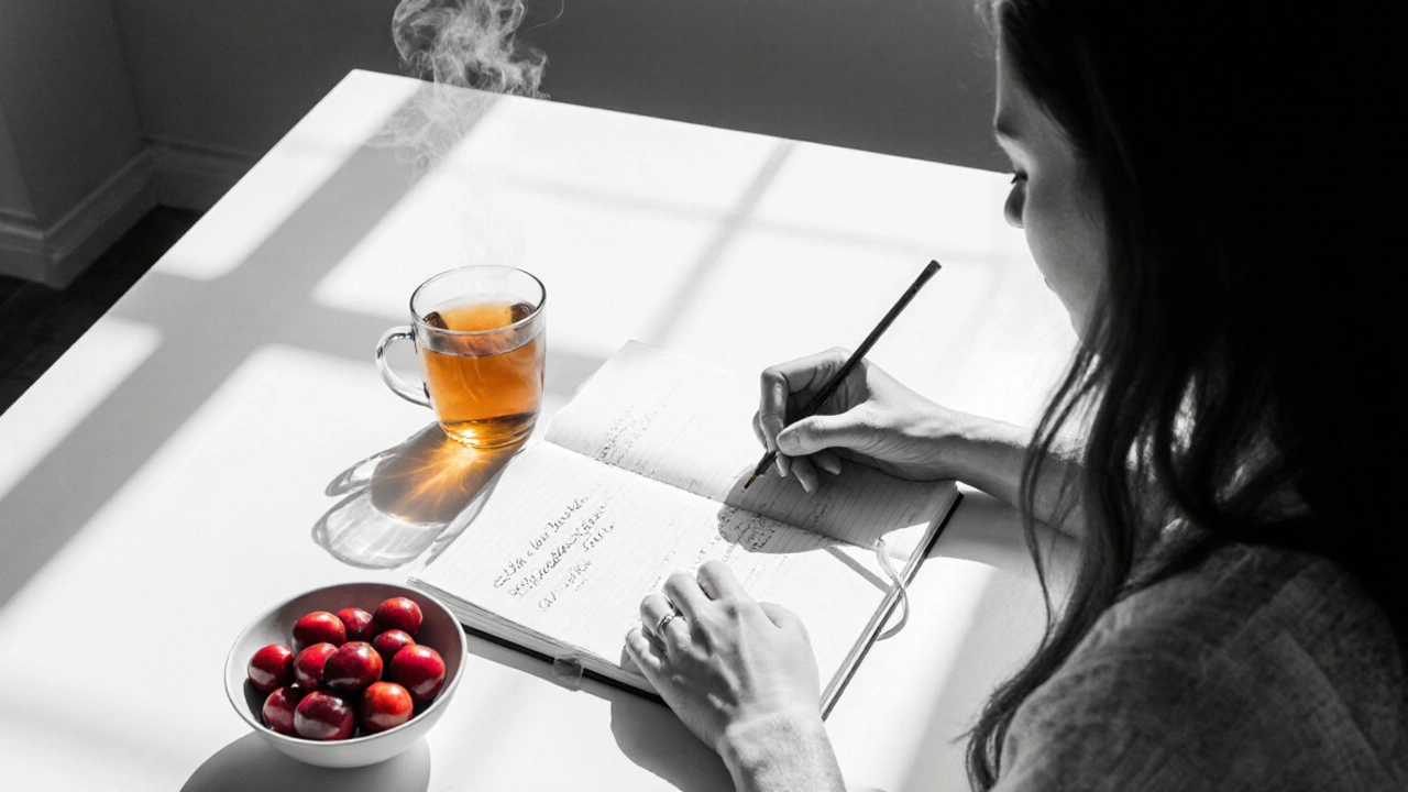 Woman writing in a gratitude journal with cherries and tea on a kitchen table.