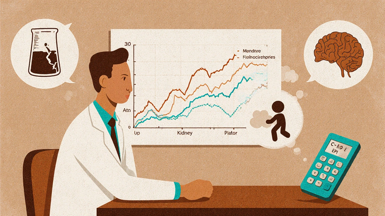 A doctor and patient reviewing a chart of aging organs with warning icons for dangerous medications.