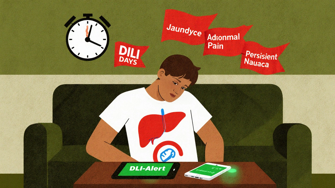 A tired person with a glowing red liver, floating red symptom flags, and a DILI-Alert app on the table.