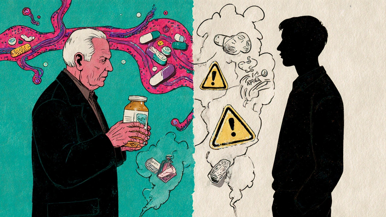 An elderly person beside their younger self, with contrasting healthy and aged drug processing pathways.