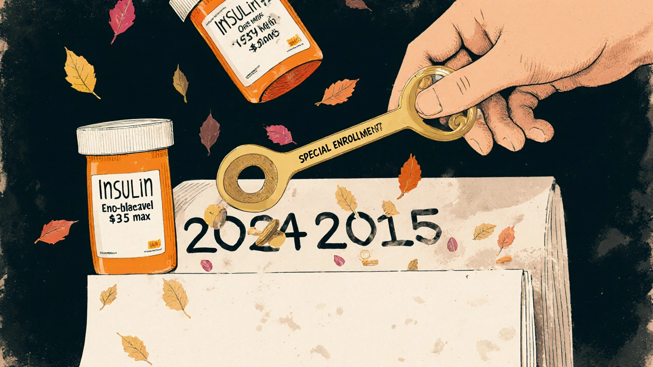 Calendar flipping from 2024 to 2025 with prescription bottles falling as insulin and cost cap labels appear.
