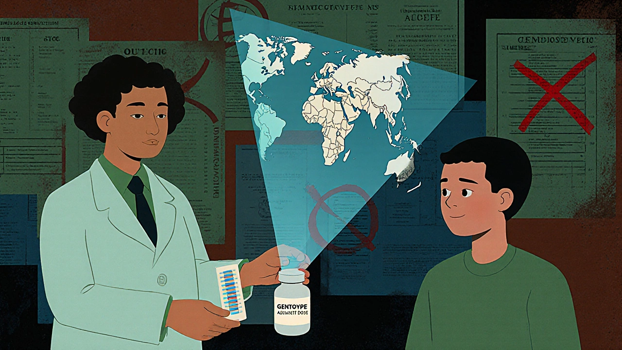 Clinician holding DNA test strip projecting ancestry map while patient receives personalized medication