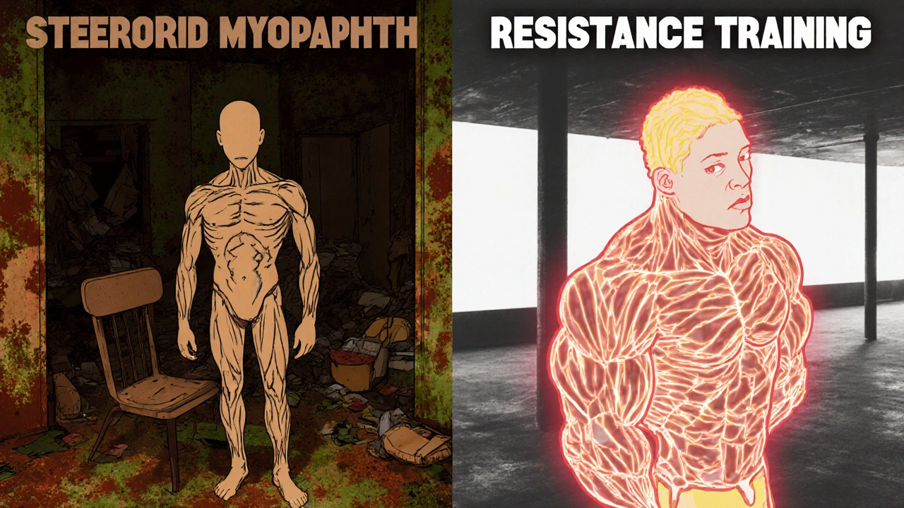 Contrasting images of muscle loss vs. recovery through safe exercise.